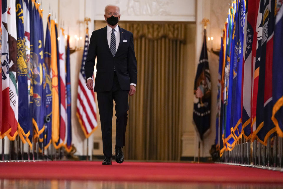 President Joe Biden arrives to speak about the COVID-19 pandemic during a prime-time address from the East Room of the White House, Thursday, March 11, 2021, in Washington. (AP Photo/Andrew Harnik)