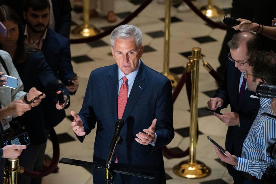 House Speaker Kevin McCarthy of Calif., speaks to reporters about debt limit negotiations, Wednesday, May 24, 2023, on Capitol Hill in Washington.