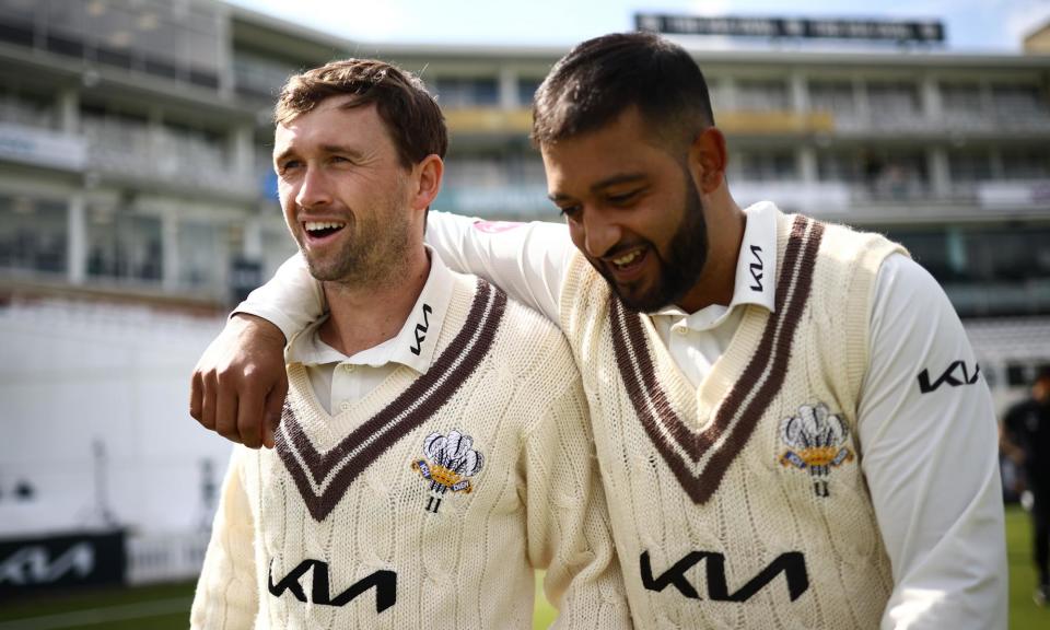 <span>Cameron Steel (left) and Ryan Patel of Surrey look on before day one of the County Championship match against Hampshire.</span><span>Photograph: Ben Hoskins/Getty Images for Surrey CCC</span>