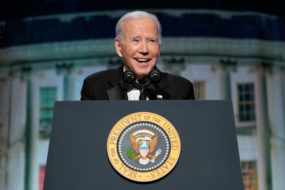 President Joe Biden speaks at the annual White House Correspondents' Association dinner, Saturday, April 30, 2022, in Washington. (AP Photo/Patrick Semansky)