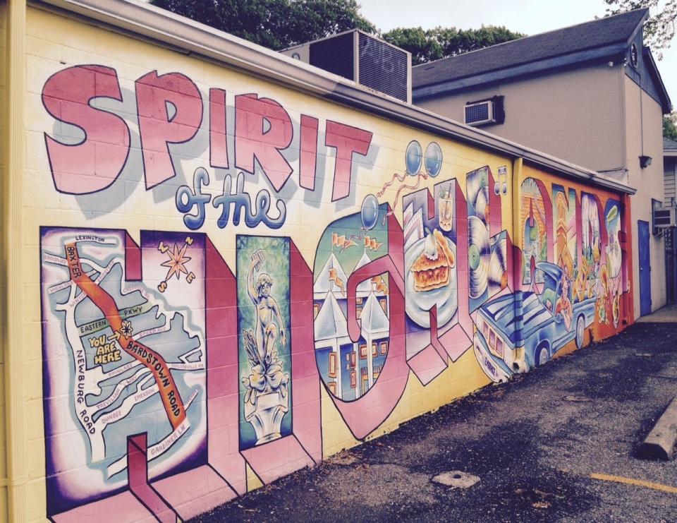 The "Spirit of the Highlands" mural is painted on the side of Old Town Liquors, 1529 Bardstown Road at Sherwood Avenue. The mural honors the late Jim Goodwin, among others, who was a longtime Louisville businessman and real estate agent. He died in 2015, and now his son, Brian, is opening a jazz club in honor of Jim called Jimmy Can't Dance in the basement of Another Place Sandwich Shop in downtown Louisville. The mural also pays tribute to the late Doc Gibson and Rosemary Bailey.