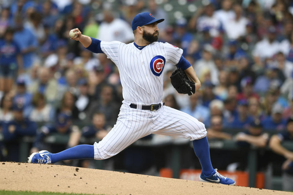 Chicago Cubs starter Tyler Chatwood delivers a pitch during the first inning of a baseball game against the Milwaukee Brewers, Sunday, Sept. 1, 2019, in Chicago. (AP Photo/Paul Beaty)