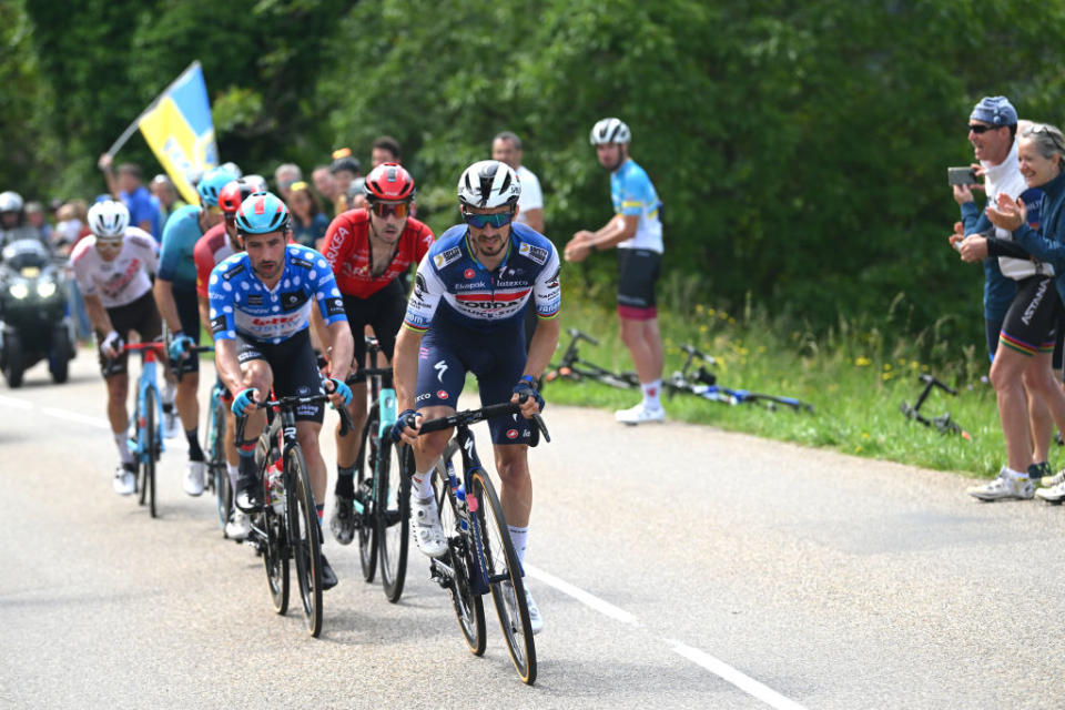 GRENOBLE ALPES MTROPOLE FRANCE  JUNE 11 Julian Alaphilippe of France and Team Soudal  Quick Step leads the breakaway during the 75th Criterium du Dauphine 2023 Stage 8 a 1528km stage from Le PontdeClaix to La Bastille  Grenoble Alpes Mtropole 498m  UCIWT  on June 11 2023 in Grenoble Alpes Mtropole France Photo by Dario BelingheriGetty Images