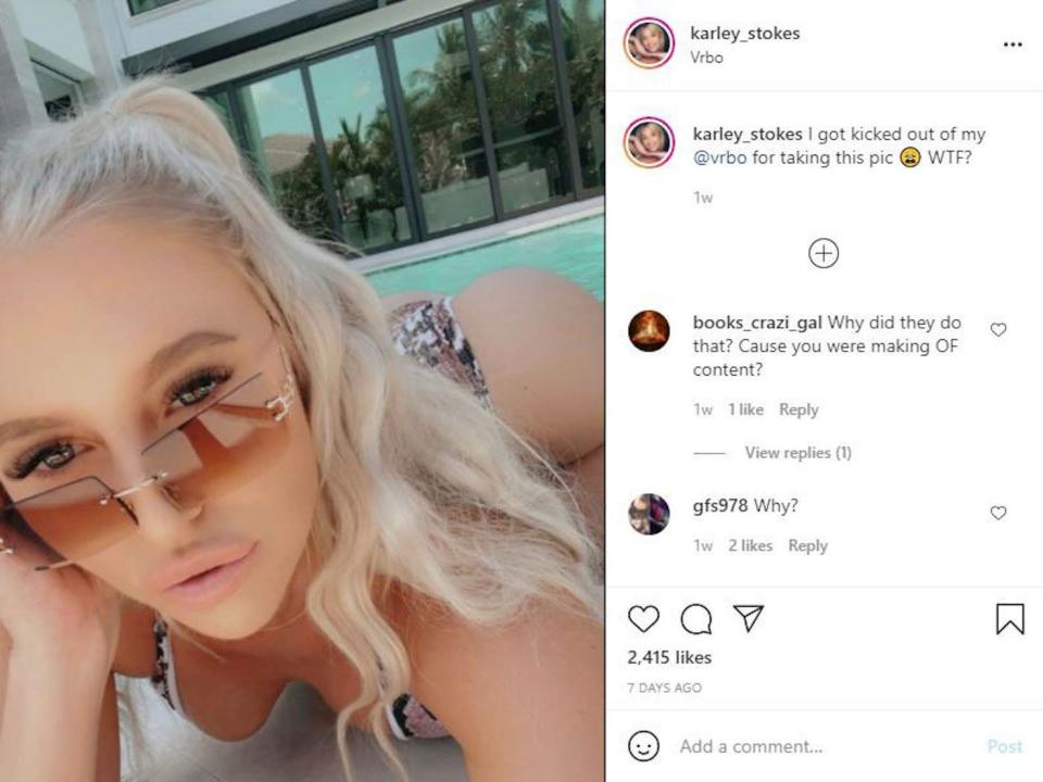 Johnny Stokes Porn Videos - OnlyFans model says she was kicked out of a $26,000-a-week vacation rental  for posting a bikini image at the pool