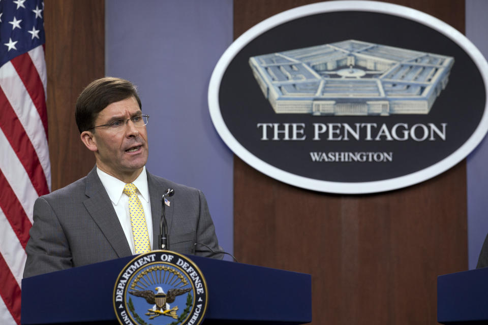 FILE - In this Jan. 27, 2020, file photo, Secretary of Defense Mark Esper speak during a news conference at the Pentagon in Washington. The Army, for the first time, will send soldiers from one of it's new training brigades to Africa in the coming weeks, expanding the use of the new specialized units as the Pentagon looks at possible troop cuts on the continent. (AP Photo/Jose Luis Magana, File)