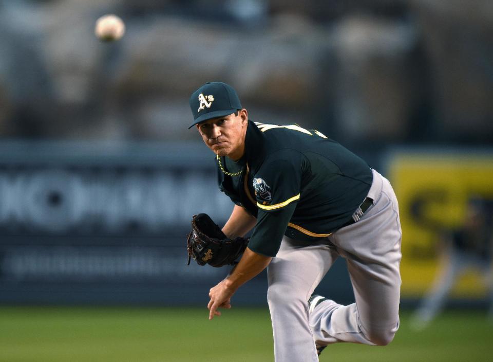 Oakland Athletics starting pitcher Tommy Milone throws to the plate during the first inning of a baseball game against the Los Angeles Angels, Wednesday, April 16, 2014, in Anaheim, Calif. (AP Photo/Mark J. Terrill)