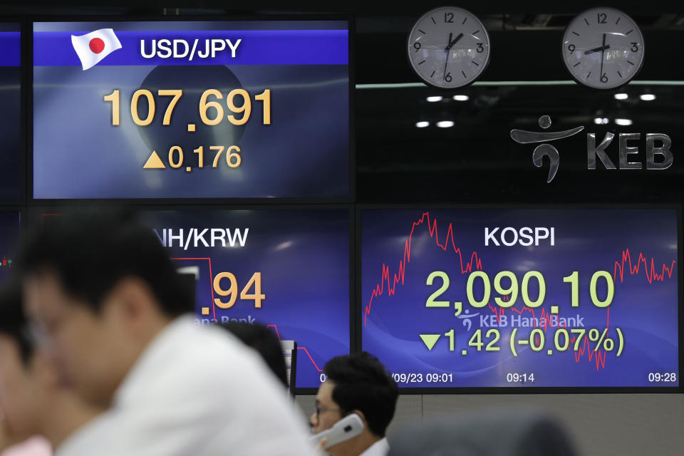 Currency traders watch their computer monitors near screens showing the Korea Composite Stock Price Index (KOSPI), right, and the foreign exchange rate at the foreign exchange dealing room in Seoul, South Korea, Monday, Sept. 23, 2019. Stocks got a downbeat start to the week as investors kept a wary eye on tensions with Iran and on signals from China and the U.S. on prospects for a resolution of their tariffs war. (AP Photo/Lee Jin-man)