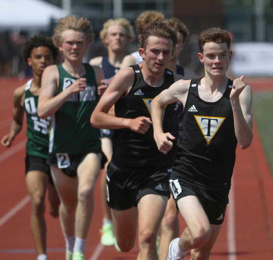 Tatnall's Nicolas Pizarro leads teammate Andre Latina and the rest of the field en route to winning the Division II 800 meter run during the DIAA state high school track and field championships Saturday, May 21, 2022 at Dover High School. Two weeks later, he ran the second-fastest time in state history, 1:50.90.