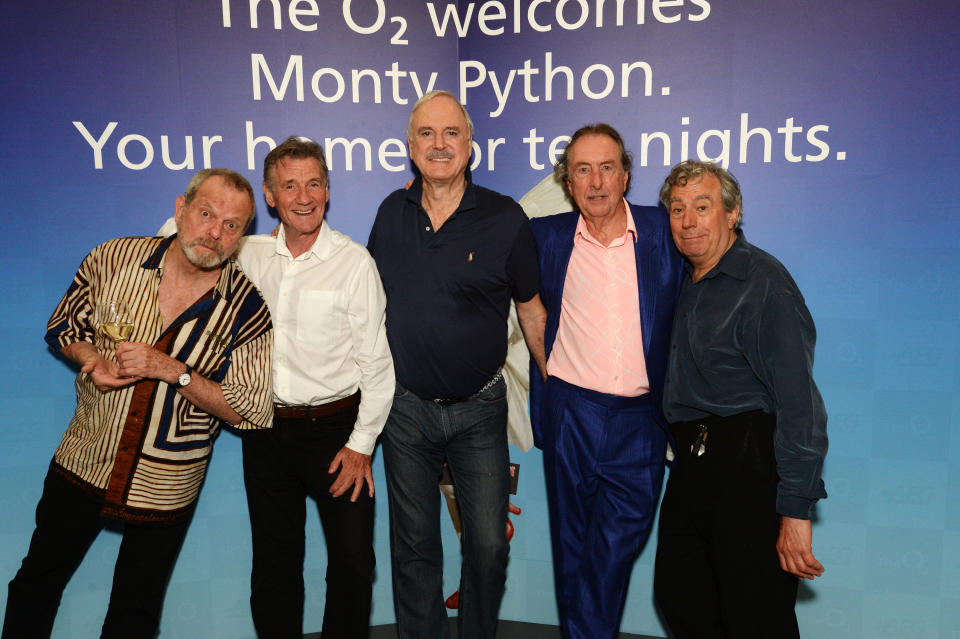 LONDON, ENGLAND - JULY 20:  (EXCLUSIVE COVERAGE) Michael Palin, Terry Gilliam, Eric Idle, John Cleese and Terry Jones attend the closing night after party for 'Monty Python Live (Mostly)' at The O2 Arena on July 20, 2014 in London, England.  (Photo by Dave J Hogan/Getty Images)