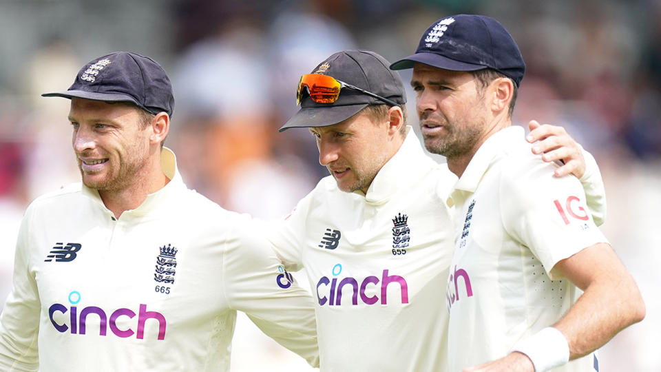 Seen here, England's players embrace during a Test match.