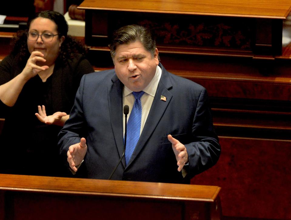 Illinois Gov. JB Pritzker gives the annual State of the State budget address before the General Assembly Wednesday, February 21, 2024.