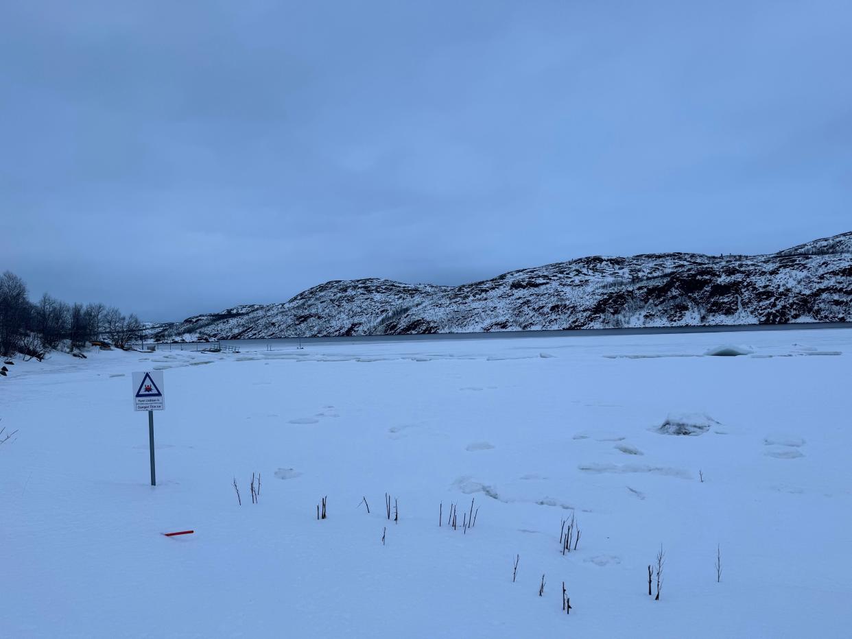 A frozen lake near the Arctic Circle outside the Snowhotel Kirkenes in Norway.