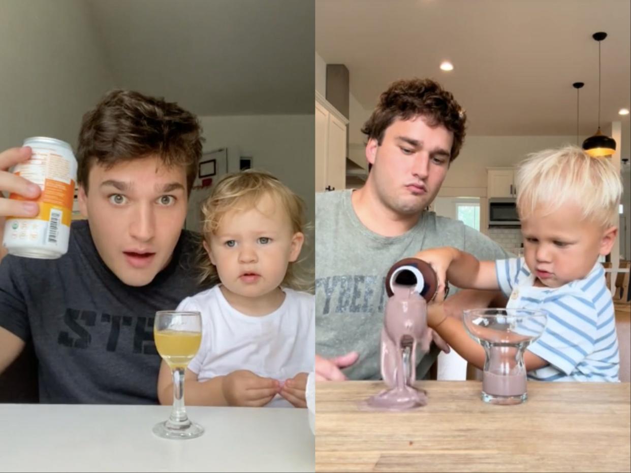 A composite image of two screenshots from Rooney's videos. The left is of him and his niece pouring orange soda, the right is of him and his nephew pouring chocolate milk.