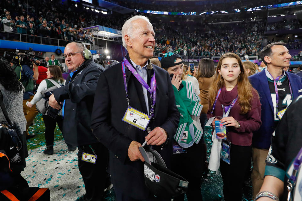 MINNEAPOLIS, MN - FEBRUARY 04: Former Vice President Joe Biden looks on during the celebrations after the Philadelphia Eagles win over the New England Patriots in Super Bowl LII at U.S. Bank Stadium on February 4, 2018 in Minneapolis, Minnesota. The Philadelphia Eagles defeated the New England Patriots 41-33. (Photo by Kevin C. Cox/Getty Images)