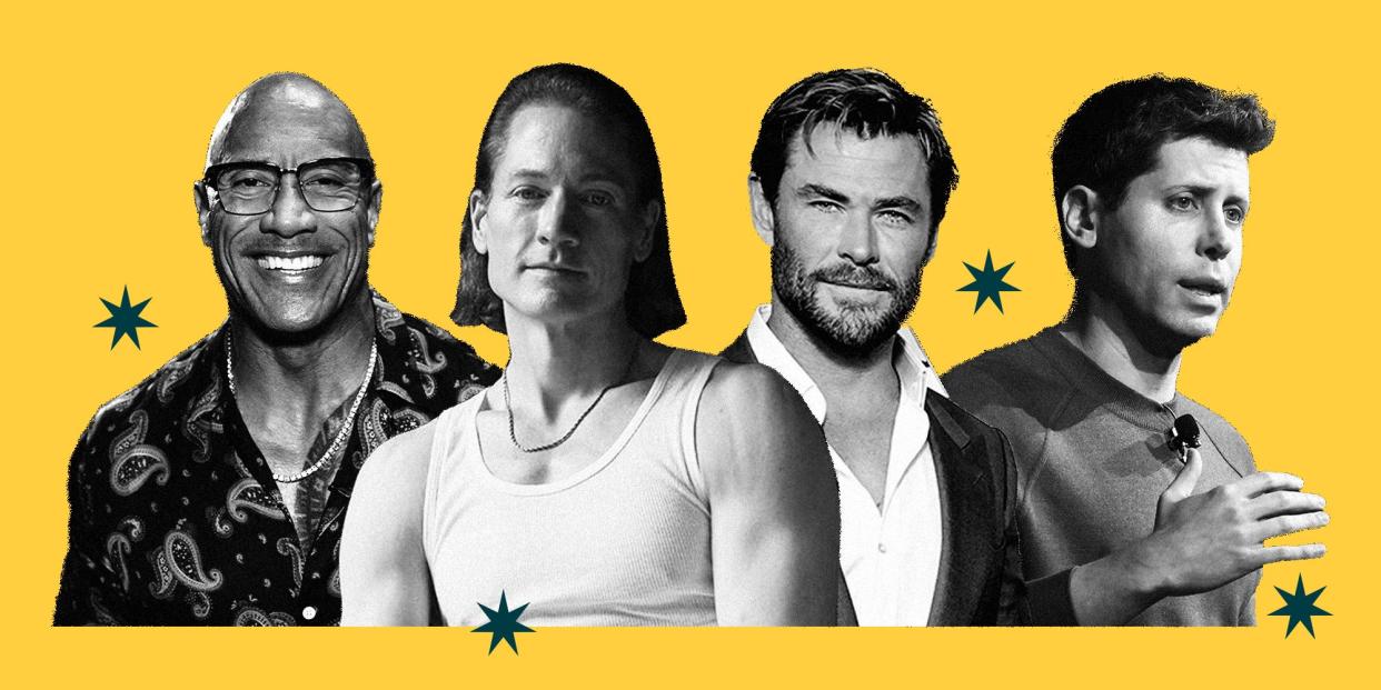 Dwayne Johnson, Bryan Johnson, Chris Hemsworth, and Sam Altman on a yellow background