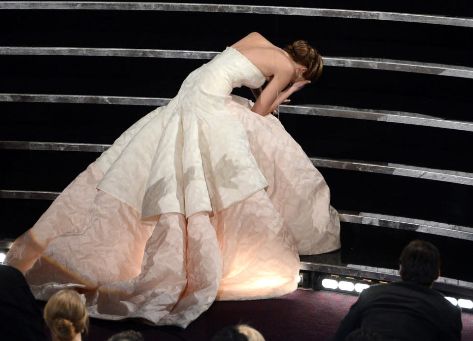 <p>Sure, she fell up the stairs on the way to accept her Best Actress award (for “Silver Linings Playbook”), but she did so in show-stopping Dior. <i>(Photo by Kevin Winter/Getty Images)</i></p>