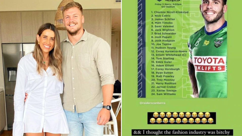 Ryan Sutton's partner Kate Ford posted an angry response to his round one snub in the NRL. Pic: Instagram