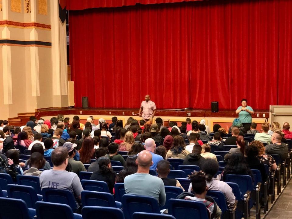 Alton Carter speaks to students at Taft Middle School as part of the ReadOKC Summer Programming Series for Oklahoma City Public Schoolcs.