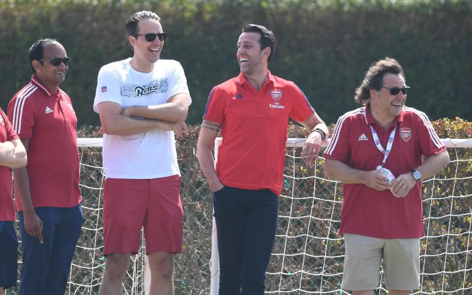 (L-R) Arsenal Managing Director Vinai Venkatesham with Josh Kroenke of KSE, Technical Director Edu and Head of Football Relations Raul Sanllehi during a training session at the Loyola Marymount University  - GETTY IMAGES