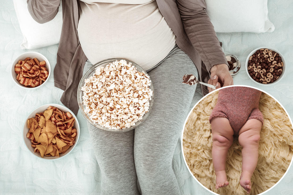 (Main) Pregnant woman binging on snacks. (Inset) Baby's fat legs.