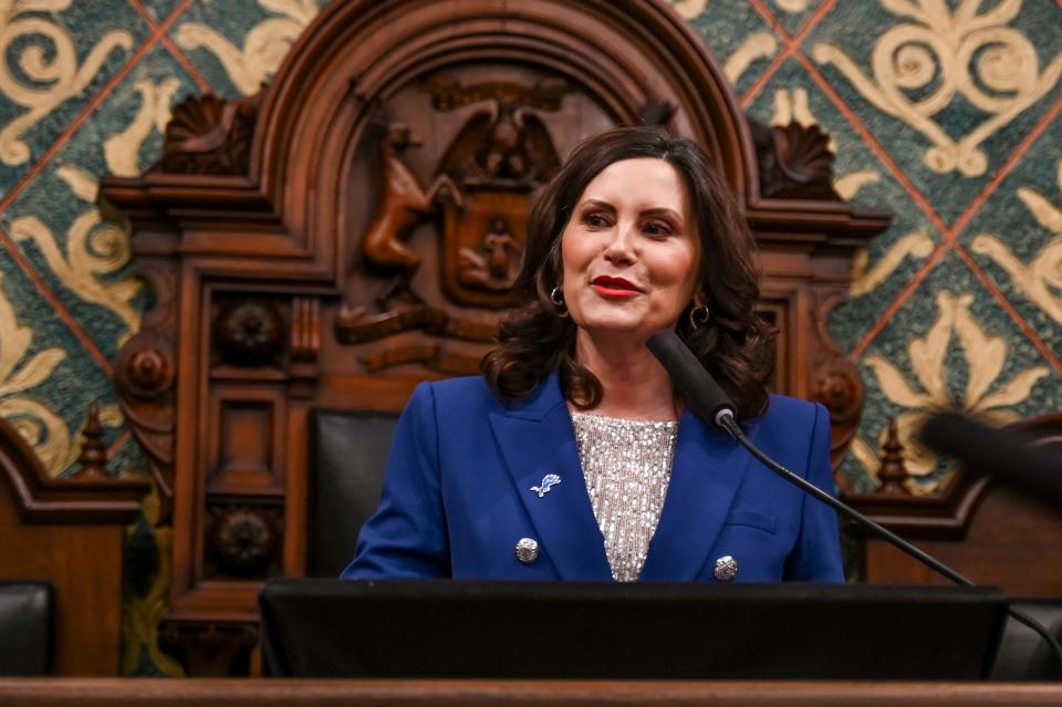 Gov. Gretchen Whitmer delivers her State of the State address on Wednesday, Jan. 24, 2024, at the Michigan State Capitol in Lansing.