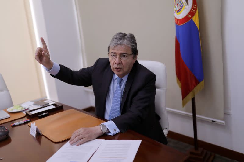 Colombian Minister of Defense Carlos Holmes Trujillo speaks during an interview with Reuters in Bogota