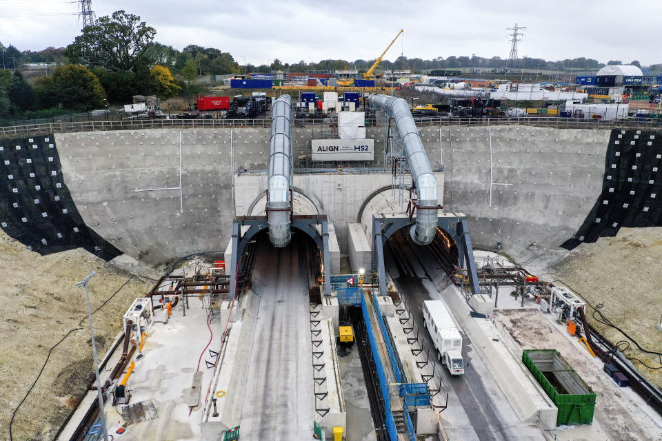 An aerial view of the entrance to the Chiltern Tunnels at the south portal HS2 align compound, in Rickmansworth, Hertfordshire. Picture date: Wednesday November 3, 2021.