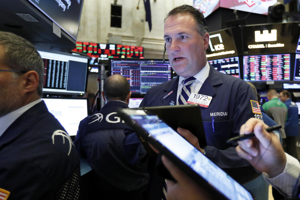 Trader Jonathan Corpina works on the floor of the New York Stock Exchange, Thursday, May 23, 2019. Stocks are falling at the open on Wall Street as investors worry about an apparent stalemate in trade talks between the U.S. and China. (AP Photo/Richard Drew)