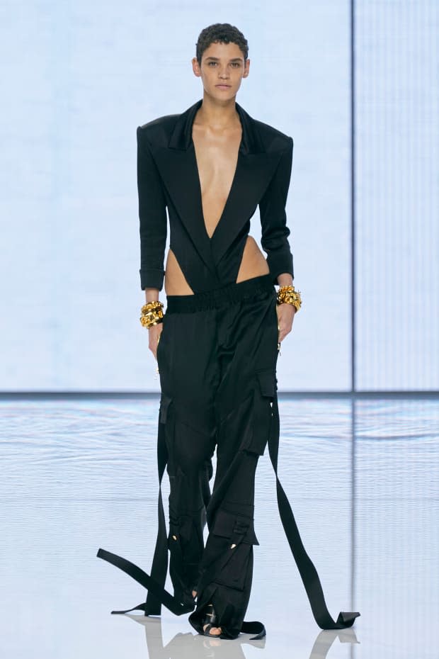<p><strong>Balmain:</strong> "The blazer makes a comeback both for work and play. Balmain's blazer bodysuit is cut to perfection to show off powerful feminine curves."</p><p>Photo: Imaxtree</p>