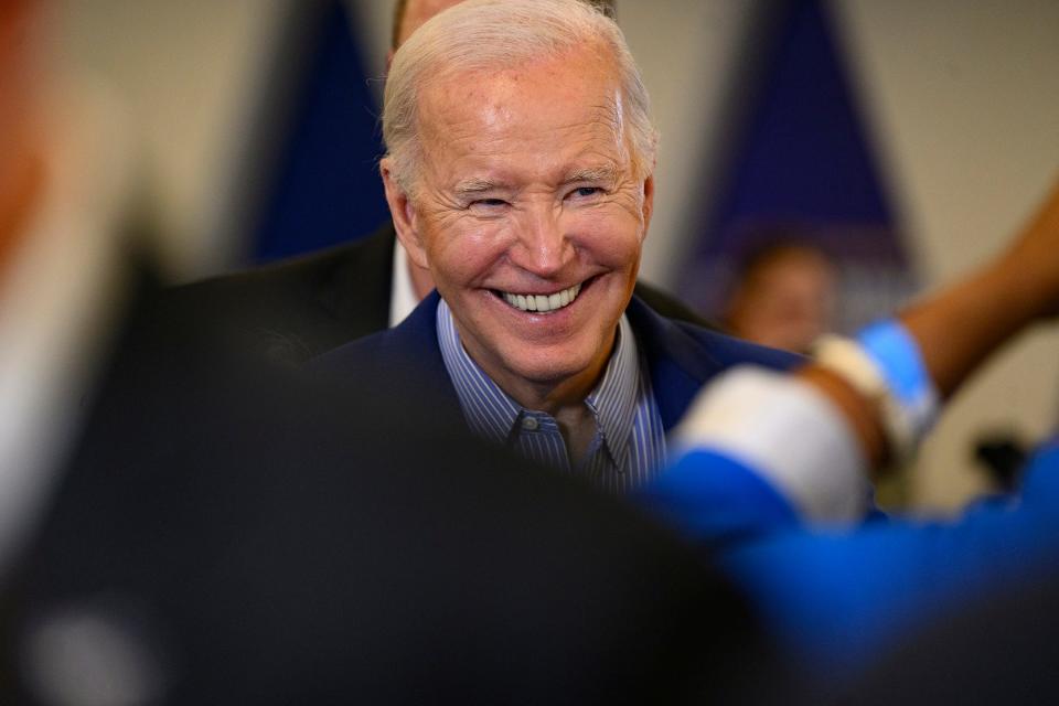 President Joe Biden speaks to members of the United Steel Workers Union at the United Steel Workers Headquarters on April 17, 2024 in Pittsburgh, Pennsylvania. Biden announced new actions to protect American steel and shipbuilding industries including hiking tariffs on Chinese steel.