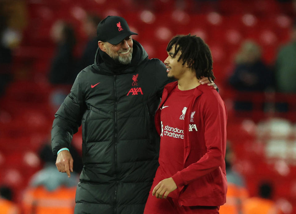 Liverpool manager Jurgen Klopp (left) trusts Trent Alexander-Arnold in playmaking roles for the team in his rhybrid right-back/midfield position. 