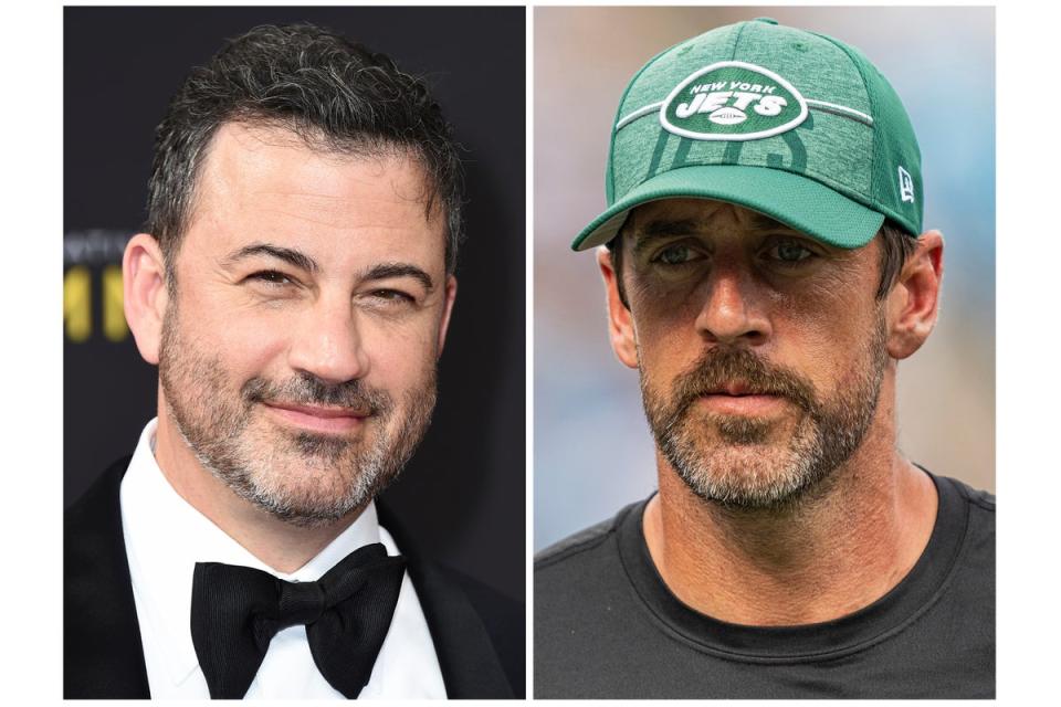 Jimmy Kimmel (left) and Aaron Rodgers (AP)
