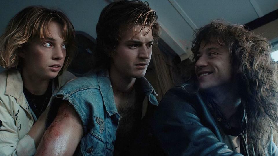 STRANGER THINGS. (L to R) Maya Hawke as Robin Buckley, Joe Keery as Steve Harrington and Joseph Quinn as Eddie Munson in STRANGER THINGS. Cr. Courtesy of Netflix © 2022