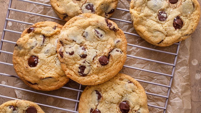 Chocolate chip cookies on rack