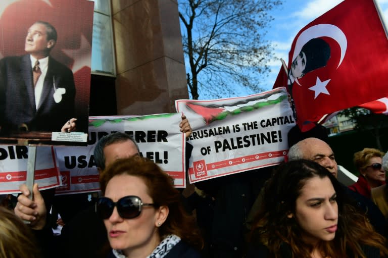 People wave Turkish national flags and carry banners during the pro-Palestinian demonstration in Istanbul
