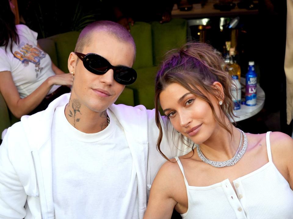 justin bieber and hailey bieber at the super bowl lvi pregame