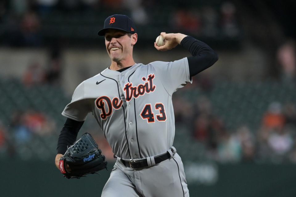 Detroit Tigers starting pitcher Joey Wentz (43) throws a second-inning pitch against the Baltimore Orioles at Oriole Park at Camden Yards in Baltimore on Saturday, April 22, 2023.