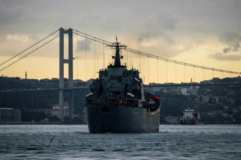 Russian warship BSF Nikolay Flichenkov 152 passes through the Bosphorus Strait on it's way to the eastern Mediterranean port of Tartus