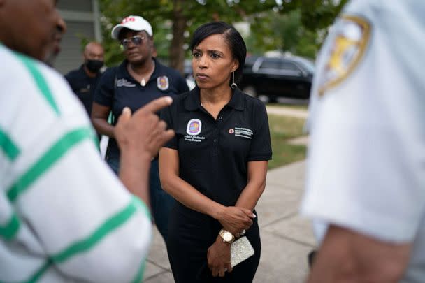 PHOTO: Prince Georges County Executive Angela D. Alsobrooks talks to a community member at 'A National Night Out 2021,' in Suitland, Md., Aug. 3, 2021.  (The Washington Post via Getty Images)