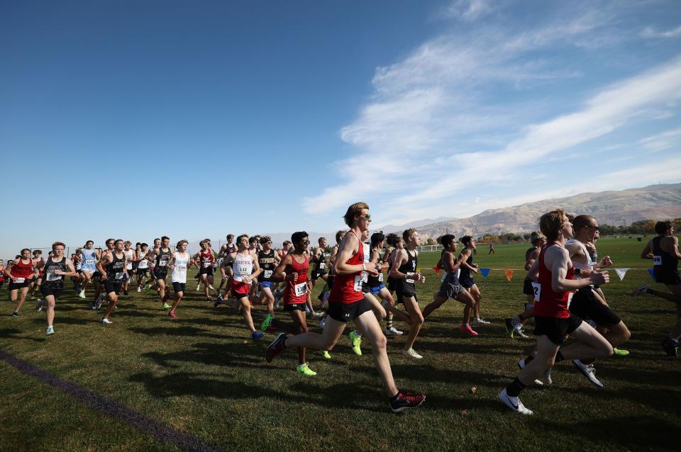 Action from the 5A boys cross-country state championship race at the Regional Athletic Complex in Rose Park on Tuesday, Oct. 24, 2023. | Jeffrey D. Allred, Deseret News