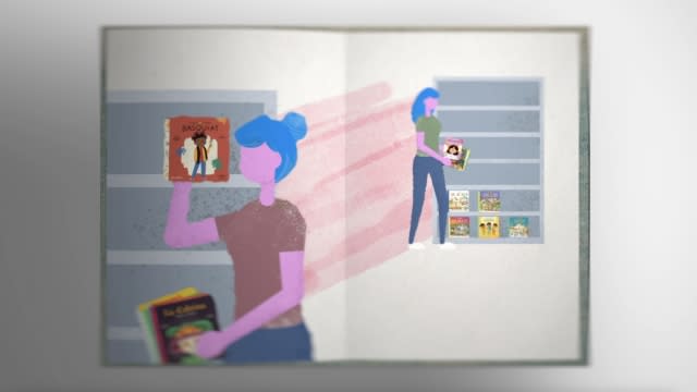 Animation of women holding books based on hispanic culture.