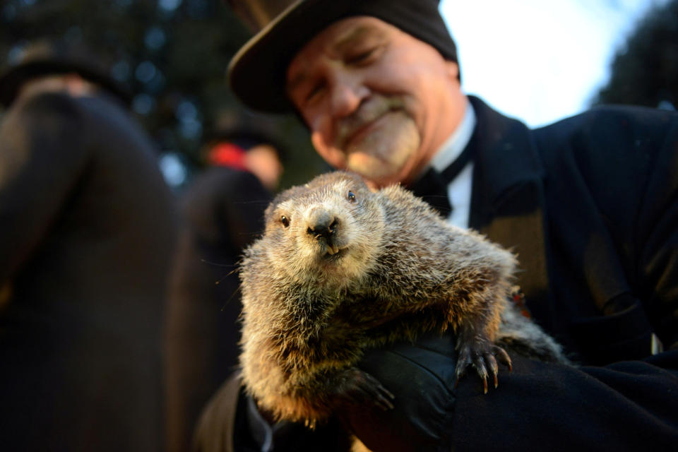 <p>Co-handler John Griffiths holds Punxsutawney Phil for the crowd gathered at Gobbler’s Knob on the 132nd Groundhog Day in Punxsutawney, Pa., Feb. 2, 2018. (Photo: Alan Freed/Reuters) </p>