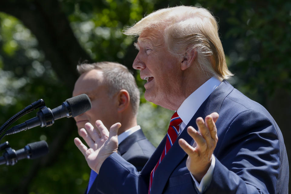 President Donald Trump speaks during a news conference with Polish President Andrzej Duda in the Rose Garden of the White House, Wednesday June 12, 2019, in Washington. (AP Photo/Jacquelyn Martin)