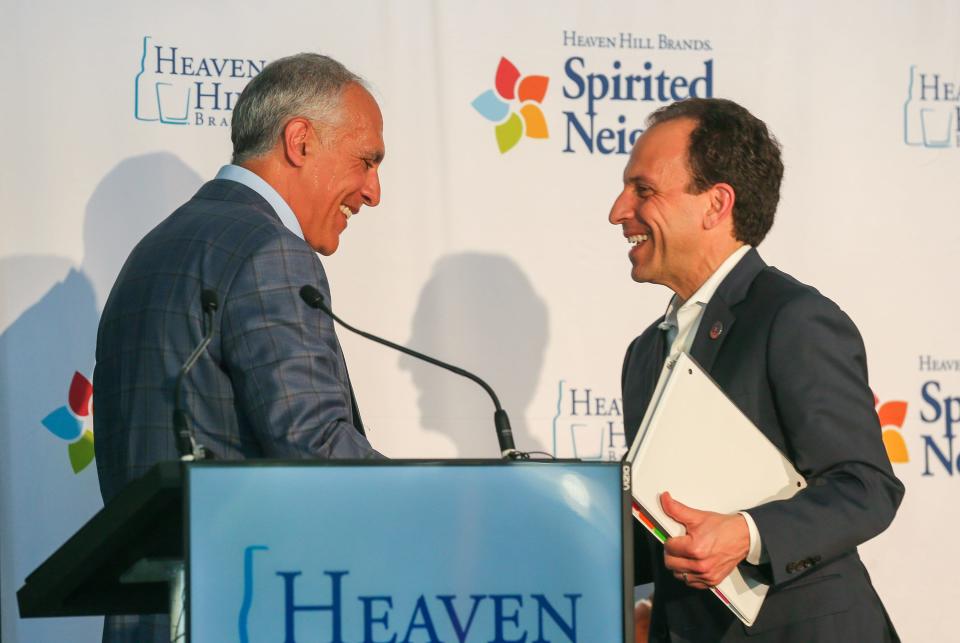 Mayor Craig Greenberg takes the podium after being introduced by Allan Latts, co-president of Heaven Hill Brands during a press conference to announce an $800,000 gift from Heaven Hill to different organizations in the California neighborhood on Friday, July 14, 2023