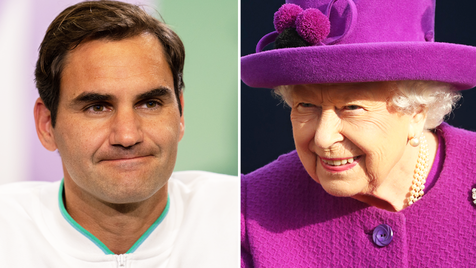 Tennis player Roger Federer (pictured left) during a Wimbledon press conference and (pictured right)Queen Elizabeth II posing for a photo.