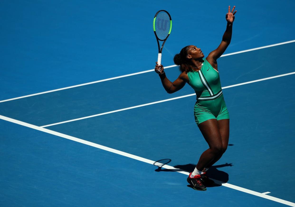 Serena Williams serves in her quarterfinal match during the 2019 Australian Open. <a href="https://www.gettyimages.com/detail/news-photo/serena-williams-of-the-united-states-serves-in-her-quarter-news-photo/1086511466?adppopup=true" rel="nofollow noopener" target="_blank" data-ylk="slk:Cameron Spencer/Getty Images;elm:context_link;itc:0;sec:content-canvas" class="link ">Cameron Spencer/Getty Images</a>