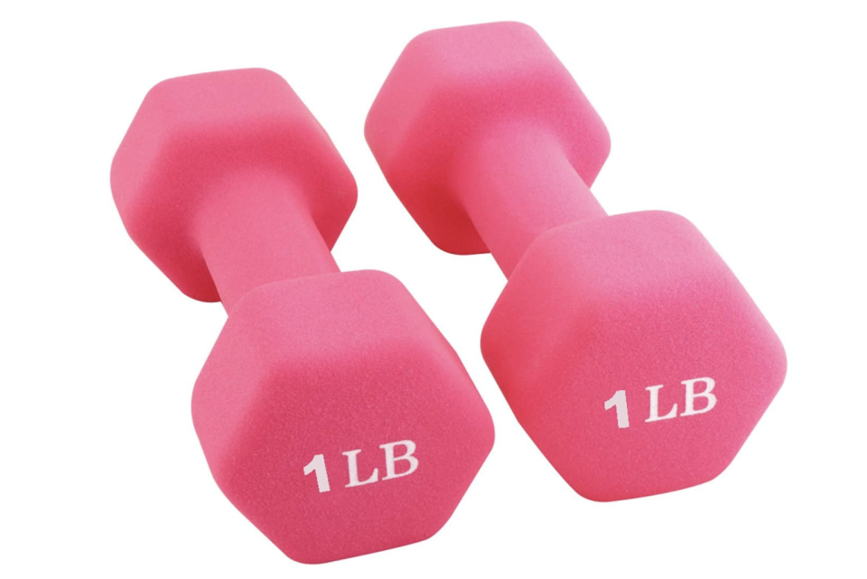 Pink dumbbells with 1 lb writing.