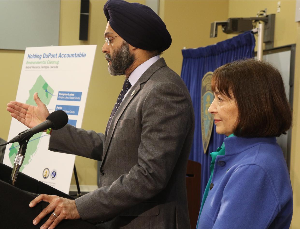 Attorney General, Gurbir Grewal with Catherine McCabe, NJ DEP Commissioner announces four new environmental lawsuits for contamination allegedly linked to DuPont including their site in Pompton Lakes at a press conference in Totowa on March 27, 2019.