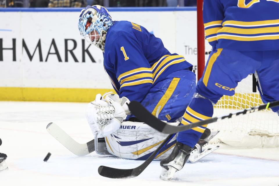 Buffalo Sabres goaltender Ukko-Pekka Luukkonen (1) makes a pad save during the second period of an NHL hockey game against the Tampa Bay Lightning, Saturday, Jan. 20, 2024, in Buffalo, N.Y. (AP Photo/Jeffrey T. Barnes)