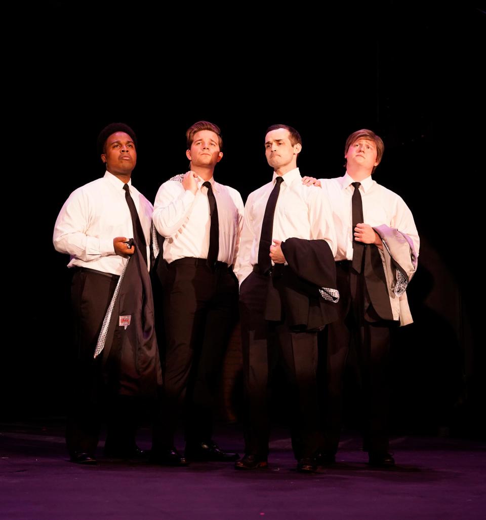 The Four Seasons — Adam Baker as Nick Massi, Kevin Ludwig as Tommy DeVito, Adam Woolsey as Frankie Valli, and Cordell Smith as Bob Gaudio — are pictured in a scene from “Jersey Boys” at the Croswell Opera House.